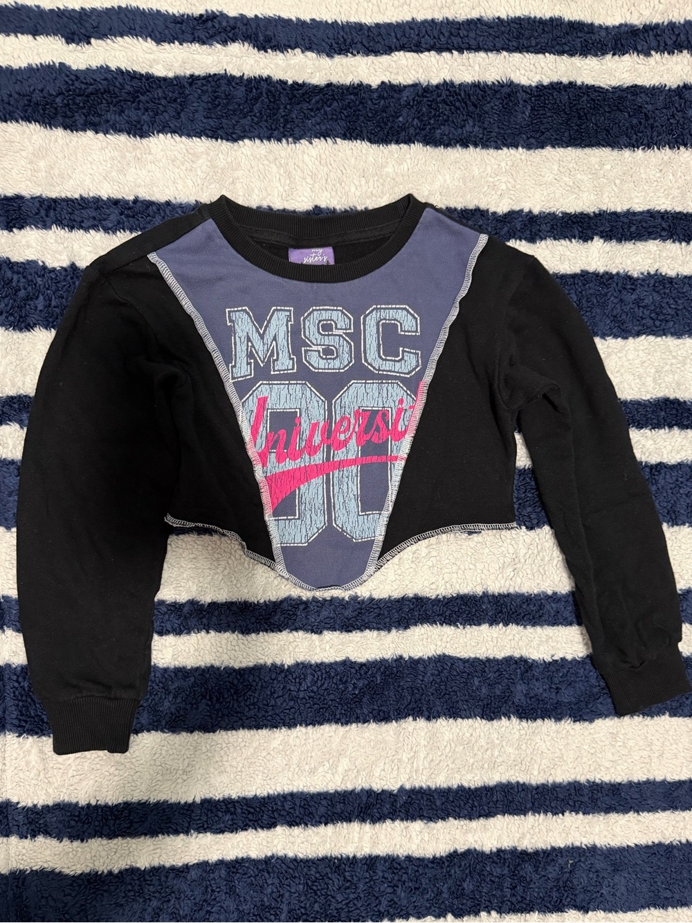 Kids Black Crop Sweatshirt with Navy Graphic Panel